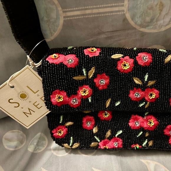 Black Floral Beaded Shoulder Bag by SOL and Mer - Picture 2 of 9
